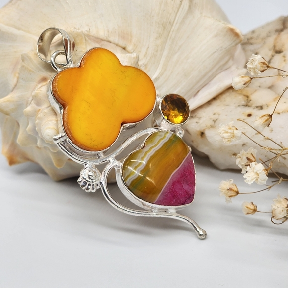 Natural Mother Of Pearl/Citrine Stone Silver 925 Pendant - Picture 2 of 5